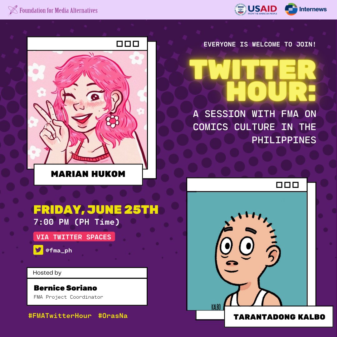 FMA_PH's tweet photo. Everyone is welcome to join us in Twitter Hour: A Session with FMA on Comics Culture in the Philippines via Twitter Spaces with @marianieart and @KevinKalbo , hosted by Bernice Soriano! 🤩

Celebrate your Friday night with us. June 25, 7:00 PM (PH Time). Save the date! 🥳 https://t.co/ElubwgCU5v
