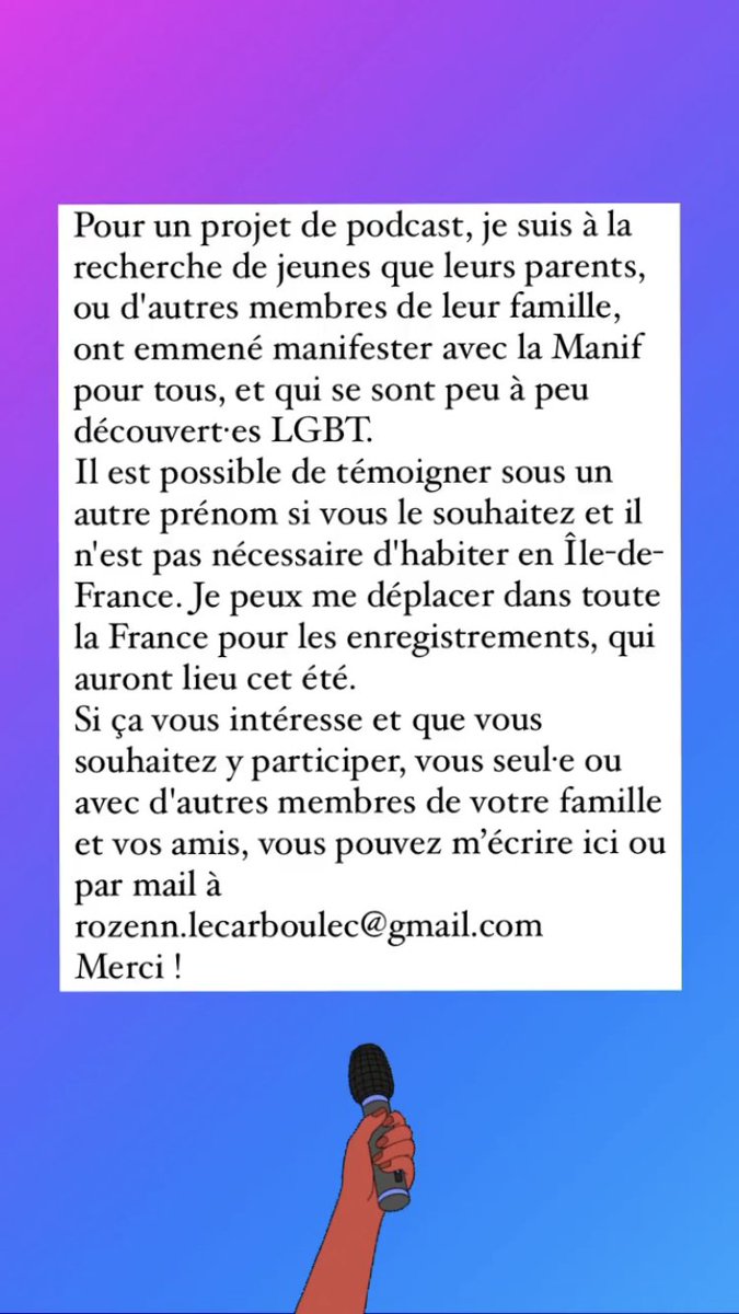 🎙️ [Appel à témoignages] 🎙️
C'est pour un podcast qui me tient beaucoup à cœur, n'hésitez pas à le diffuser largement et à en parler autour de vous 👇