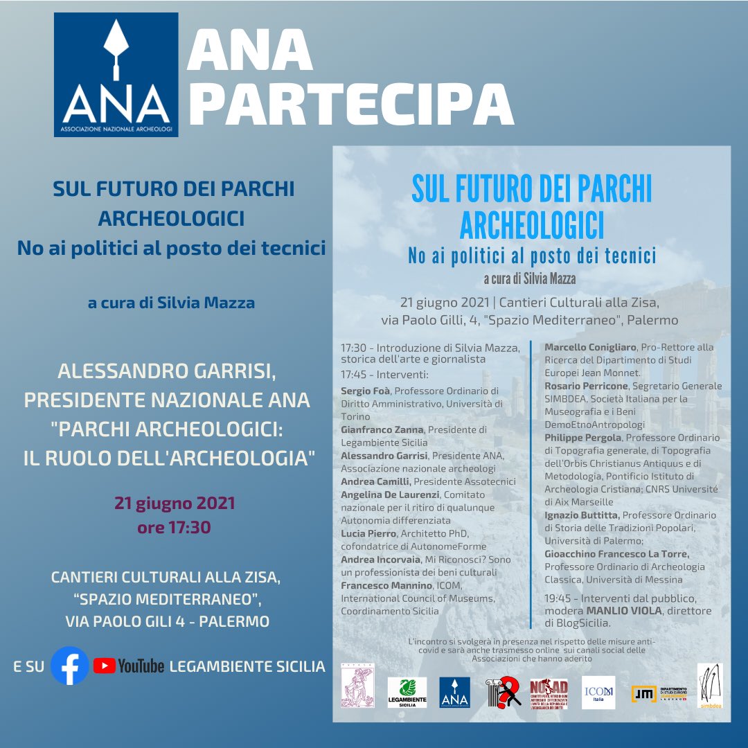 Archeologi's tweet photo. #ANApartecipa @Regione_Sicilia
21/06/2021 - ore 17:30
oggi pomeriggio:"Sul futuro dei parchi archeologici: no ai politici al posto dei tecnici" a cura di Silvia Mazza. L'evento si svolgerà presso “Spazio Mediterraneo” #CantieriCulturali #Zisa a #Palermo
@AlessandroGarri https://t.co/XBNfYC1Vh2