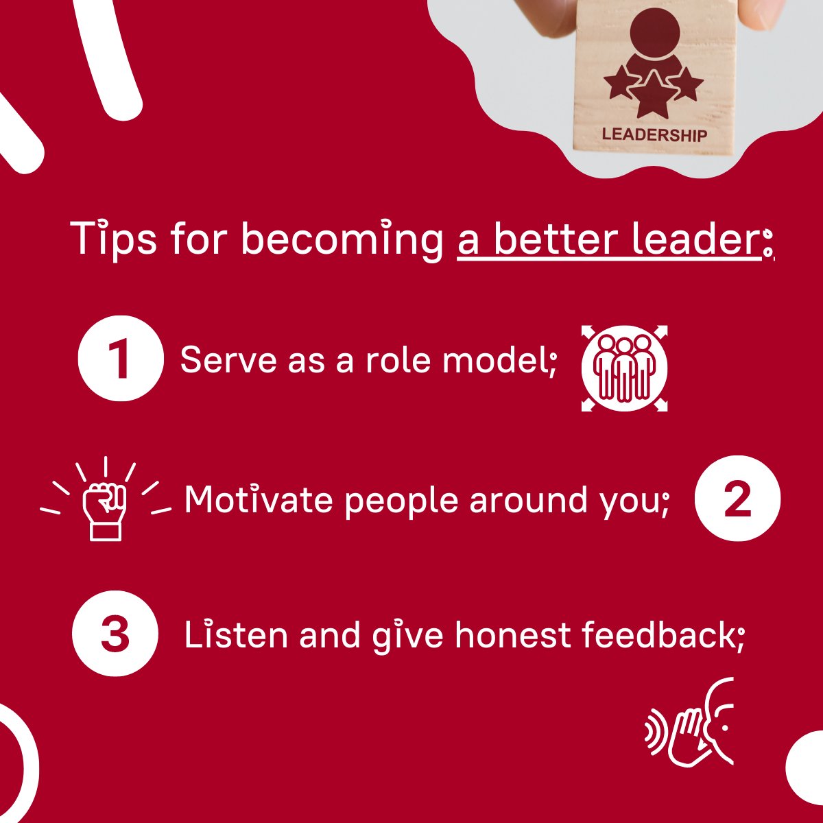 HSevens's tweet photo. How to become a better leader? 

Leaders encourage their followers using the power of example! Motivating people, then giving them honest feedback, are the first 3 steps into becoming a better leader. 🙌

#leader #leadership #tech #womenintheworkplace https://t.co/2p2IF0WQsW