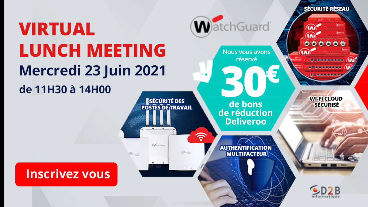 📌 <a href="/WatchGuard/">WatchGuard</a> « VIRTUAL LUNCH MEETING »
Nous avons le plaisir de vous convier à notre prochain #événement virtuel, 📅 le 23 Juin 2021 ⏰ 11h30

Lien d'inscription: public.d2b.com/campagne/?url_…

▶️ Refresh &amp; Découverte des #nouveautés dans le #portfolio WatchGuard Technologies 2021 ◀️