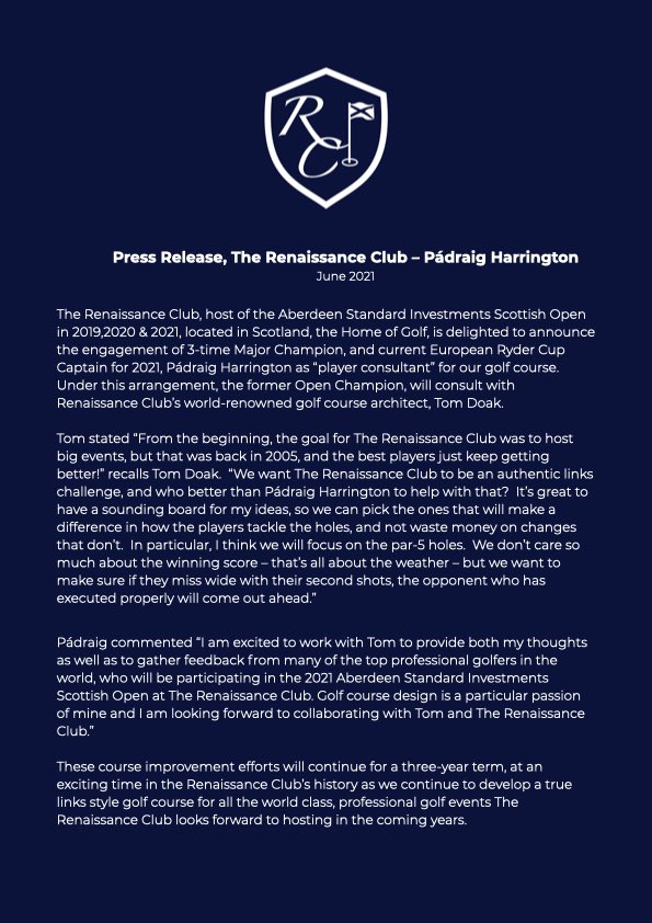 The Renaissance Club (@renaissancegc) on Twitter photo We are delighted to announce the engagement of current European Ryder Cup Captain 2021 <a href="/padraig_h/">Padraig Harrington</a> We are delighted to announce the engagement of current European Ryder Cup Captain 2021 <a href="/padraig_h/">Padraig Harrington</a>
