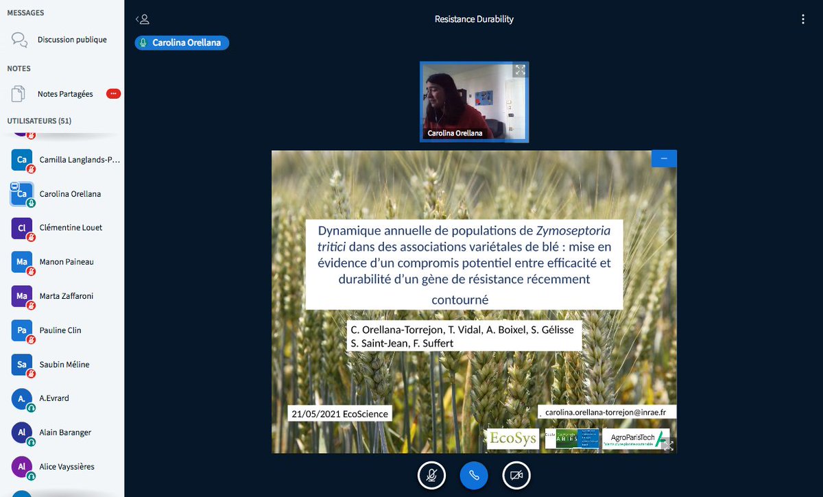 UMR_IAM's tweet photo. #ResistanceDurability webinar: Carolina Orellana-Torrejon (@INRAE_Bioger) nous parle de la dynamique annuelle de #populations de #Zymoseptoria tritici dans des associations variétales de blé https://t.co/1Nj6ul1h2S