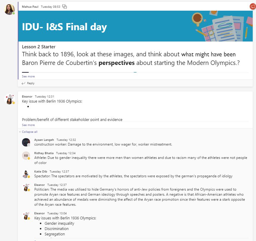 Students discuss the impact of the #Berlin #Olympics on Teams Channel

#DreamInspireAchieve #IB #DubaiSchools #InThisTogether #TeachUAE #LearningNeverStops #ProudStudents #Responsibility