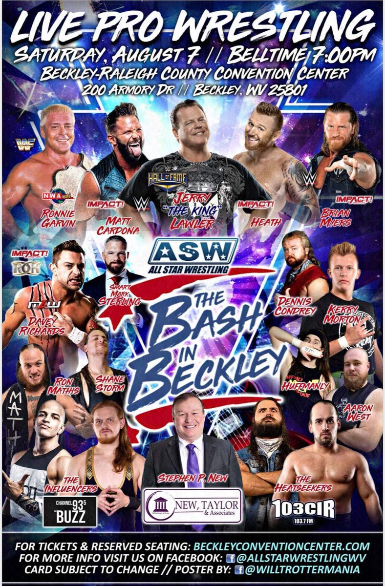 aswwrestling's tweet photo. Tickets are currently on sale for Arguably our biggest show in our 15, Plus years of Running shows, " BASH IN BECKLEY " get your Tickets at The Convention Center website, sponsored by @NewTaylorLaw @Channel935 @103CIR https://t.co/JLcj2WonVa