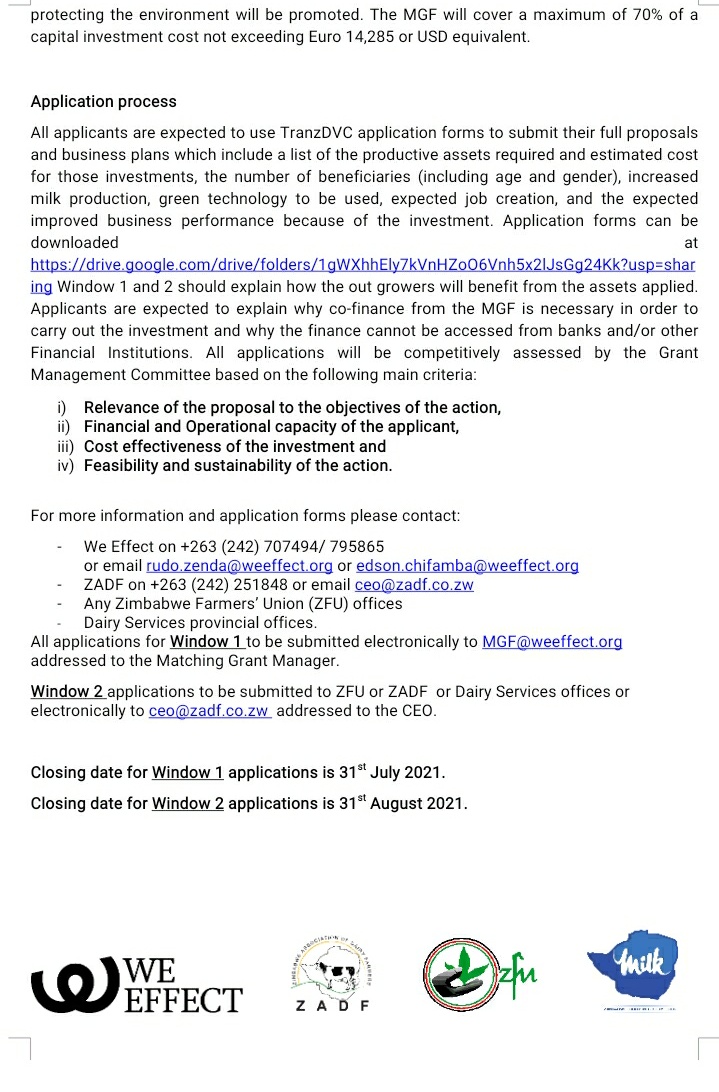 ZagpDairy's tweet photo. #MatchingGrantOpportunityAlert‼️‼️‼️‼️‼️‼️

Invitation to submit applications for Matching Grant Funds for investments in the Dairy Value Chain (DVC) in Zimbabwe.

Get application forms here
https://t.co/vzy39D2Jhf
@ZAGPInfo @zfu_official @MoLAFWRR_Zim @basera_john @TimoOlkkonen https://t.co/f2BR9XkFUD