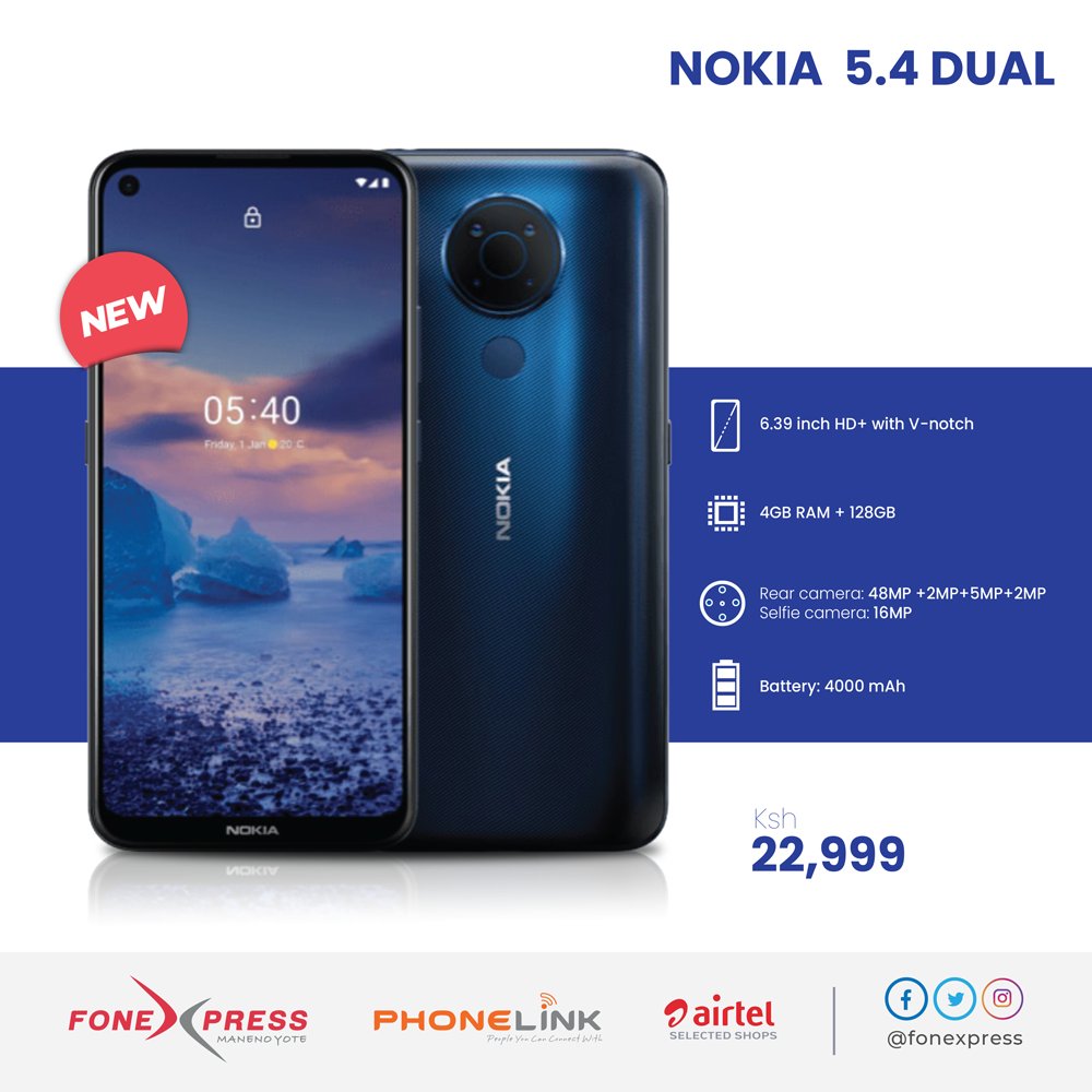 fonexpress's tweet photo. The impressive #Nokia5dot4 is here. See it on website 👉https://t.co/Ac4ndf26G9 &amp; our branches. Now available at Ksh.22,999 #KeepIt ^MC https://t.co/IQDL0PNr2Y