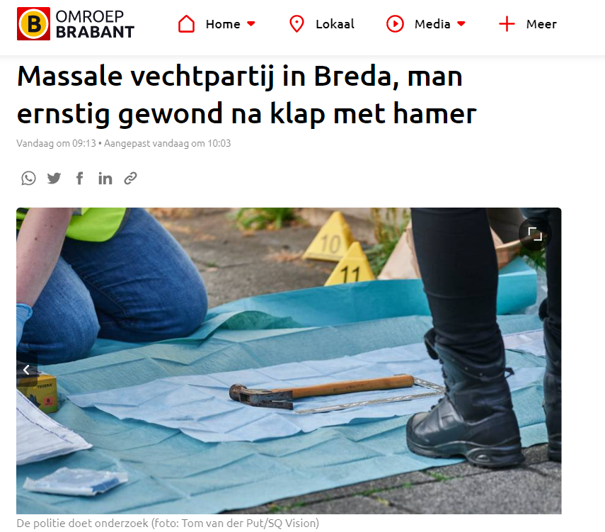 Wat een bruut geweld. Massale vechtpartij in #Breda, man ernstig gewond na klap met hamer.. #geweld #politie #hamer.