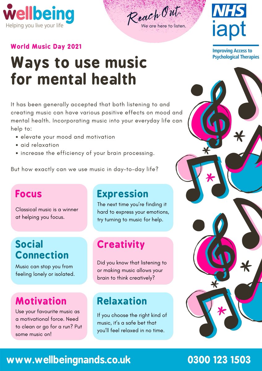 Music is a great way to relieve any stress, emotions and also allows you to be motivated and creative! 

If you can, why not spend most of today listening to your favourite songs! 

wellbeingnands.co.uk 

#NHS #Wellbeing #MentalHealth #Music #Norfolk