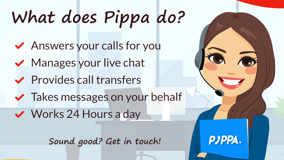pippa_pa's tweet photo. What does Pippa the PA do?

✓ Answers your calls for you

✓ Manages your live chat

✓ Provides call transfers

✓ Takes messages on your behalf

✓ Works 24 hours a day

Sound like this would work well for your business?
Get in touch - https://t.co/Vpl4fo9jjx

#PA #Assistant https://t.co/qhAmjesdgO