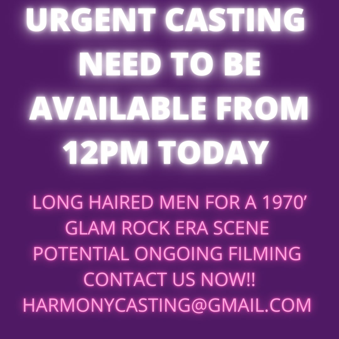 harmonycasting's tweet photo. If you think you can fit the role and are available today contact us now!
Harmonycasting@gmail.com
#urgentcasting #liverpoolcasting #castingagent #filminginliverpool #actorsliverpool #extrasliverpool #trex #glamrock #castingnow #liverpool #liverpoolcity #liverpoolcitycentre https://t.co/LWzluKplC2