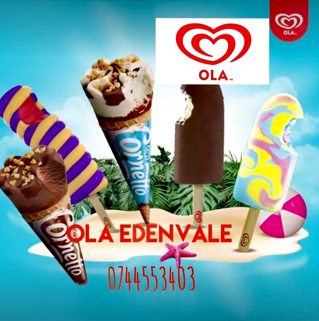 Ola Edenvale ice cream shop Corner 3rd Street and 8th Avenue Edenvale whatsapp 0744553403 call 0106340240 email info@eastrandevents.co.za