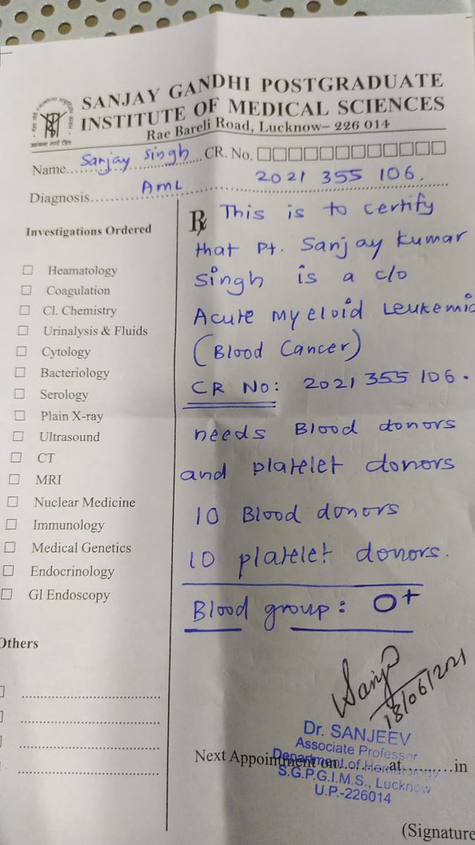Rajatdhiman0000's tweet photo. Patient Name - Sanjay Kumar Singh
Hospital - PGI Lucknow , UP
Call -  96085 42080
Attended- Baban Kr Singh 
10 unit O+ve platlets की आवश्यकता है। मदद करें 🙏🙏
Very emergency patient in critical condition  @ComradeOil @Shivsha17131965 @ABVPLU @CovidIndiaSeva @HariHar05042166 https://t.co/ovWIYVCtmt