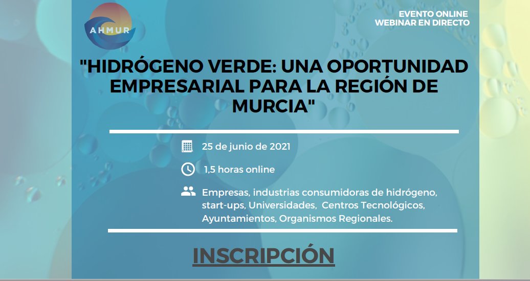 CETENMA's tweet photo. 🔋 #Webinar "Hidrógeno verde: una oportunidad empresarial para la #RegiónDeMurcia"
🗓️ Viernes 25/06
🕙 De 10:00 a 11:30h
¡Inscríbete!
✍️ https://t.co/LCRYz1LTeV
#HidrógenoVerde #H2 #H2verde #Hidrógeno
#AHMUR https://t.co/oP24c5XK7I