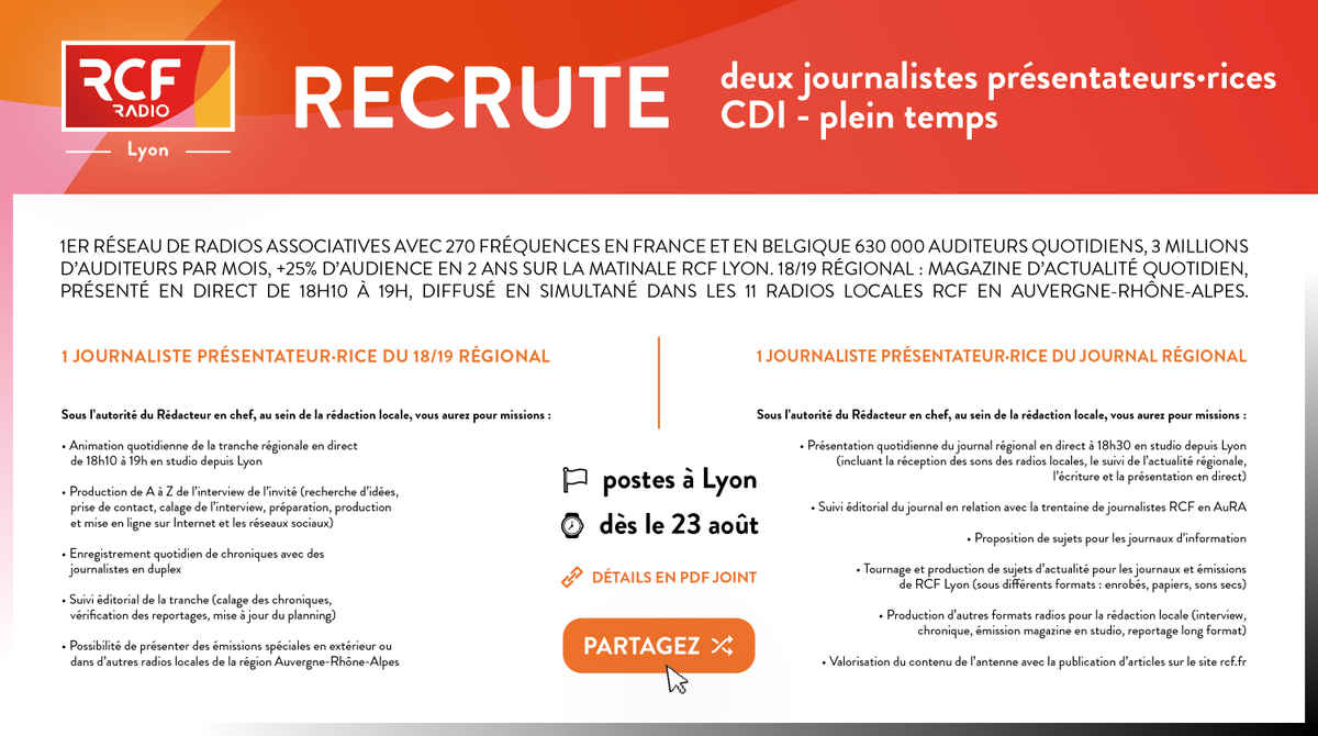 RCF LYON RECRUTE 🟠🟡📢
Deux journalistes en CDI, postes basés à Lyon, dès le 23 août :
• présentateur·rice du 18/19 régional (PDF ⬇ lc.cx/7-0a_6)
• présentateur·rice du journal régional (PDF ⬇ lc.cx/DP5DJo)
📩 candidatures : jeanbaptiste.cocagne@rcf.fr