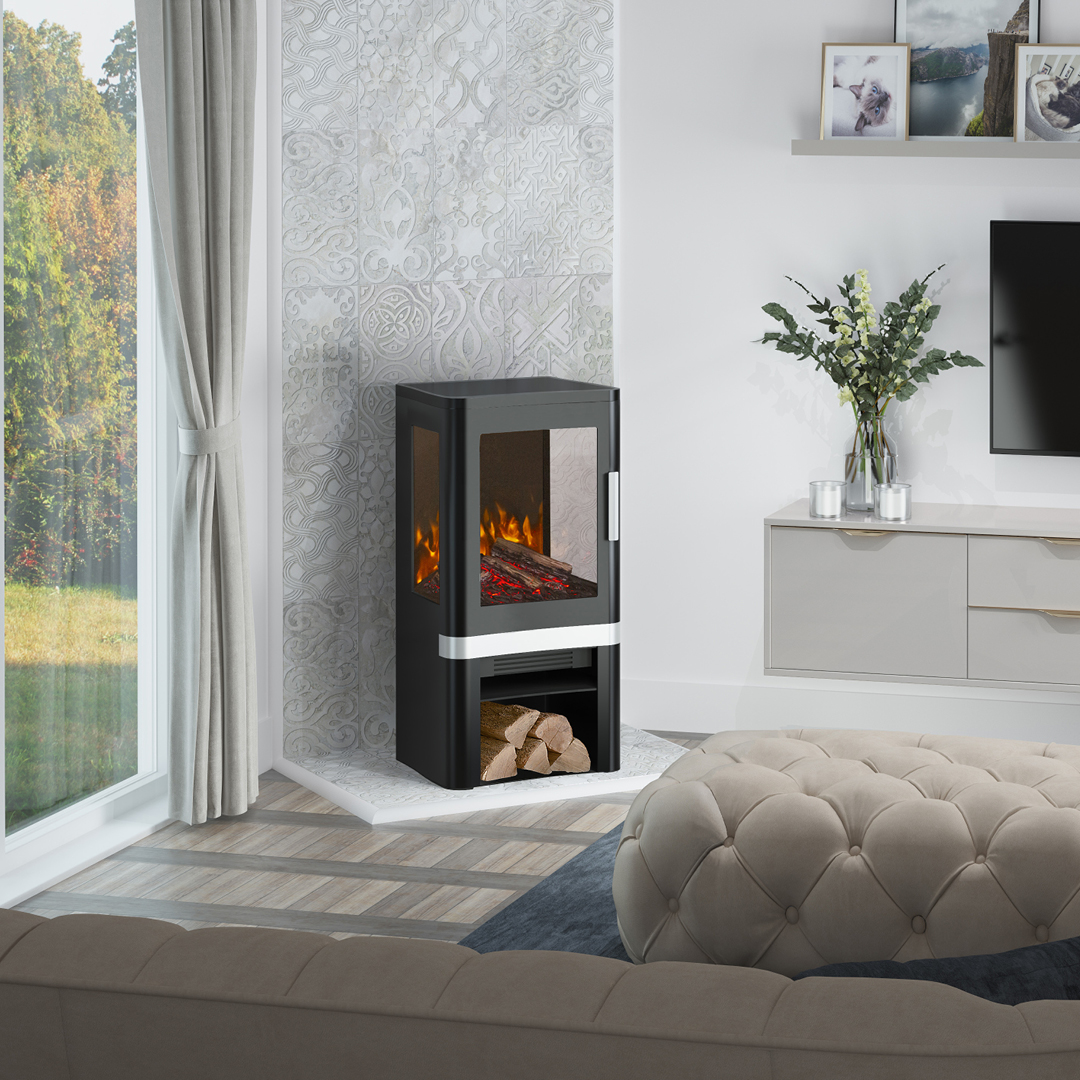 With a three-sided firebox, the electric Vue offers 180-degree flame visuals for a panoramic viewing experience. Contemporary styling makes this Scandi inspired stove an eye-catching centrepiece #electricstove #interiordesign #interiorinspiration #interiordesign #energyefficiency