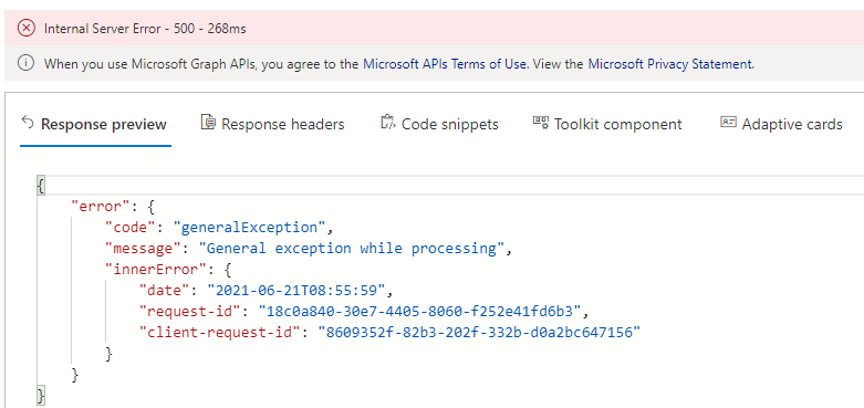 mirontoli's tweet photo. @MicrosoftHelps we get 500 General Exception on the https://t.co/W2ebVg5GaL endpoint. @M365Status both v1.0 and beta endpoints, in our app and Graph Explorer (screenshot ⬇) https://t.co/Doe4hEwayi