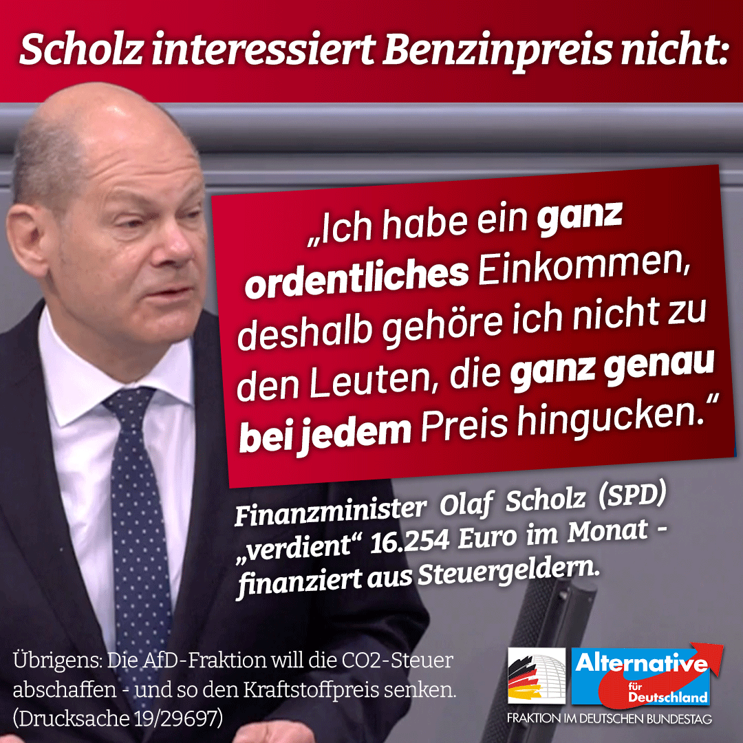 Alice_Weidel's tweet photo. "Ich hab ein ganz ordentliches Einkommen, deshalb gehöre ich nicht zu den Leuten, die ganz genau bei jedem Preis hingucken." #SPD-Kanzlerkandidat @OlafScholz  stellt selbst einmal mehr die Arroganz der politischen Kaste unter Beweis. #Benzinpreis #Scholz

https://t.co/TROeKyCP5U https://t.co/gDAUvLO1II