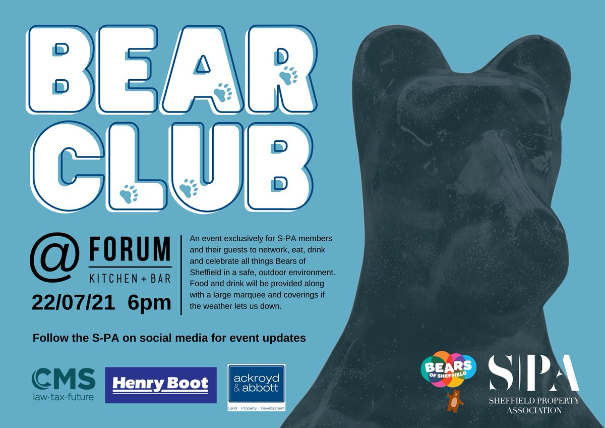 SheffPA's tweet image. We're beary excited to announce our support of the Sheffield Children’s Hospital Bears of Sheffield Trail, with an exclusive (in person!) event at Forum on 22 July, with sponsors @CMS_law @HenryBootPLC and @ackabb. Members will be emailed with details. #BearClub #BearsofSheffield