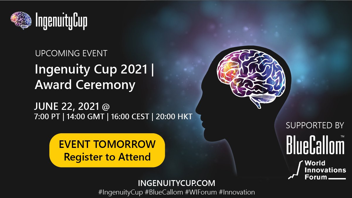 BlueCallom's tweet image. 📢 One more day until the 2021 #IngenuityCup #PitchPresentations and Award Ceremony. Don’t miss an opportunity to be a part of finding the next #unicorn company. Reserve your spot to attend at us06web.zoom.us/webinar/regist… #BlueCallom #WIForum #Innovation #Competition