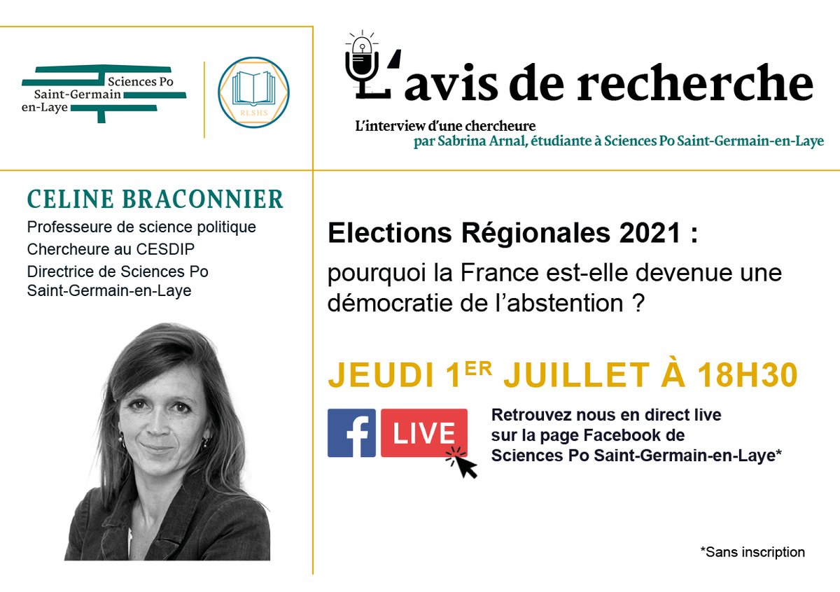 SciencesPoSGL's tweet photo. [Recherche] 🚨@SciencesPoSGL &amp; @LibreRevue
vous proposent 1 AVIS DE RECHERCHE spécial #regionales2021 pour parler de l'#abstention avec Céline Braconnier, professeure de science politique à @SciencesPoSGL.     
🗓️Jeudi 1er juillet à 18h30 en live sur le Facebook de @SciencesPoSGL https://t.co/nH1zvo8Mlh