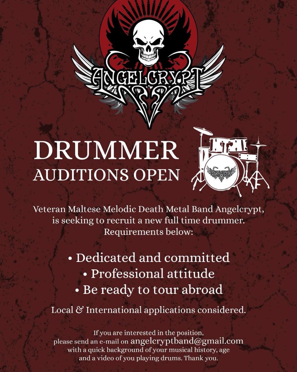 AngelcryptBand's tweet image. We are looking for a new full time drummer. Local &amp;amp; International applications will be considered. For further information contact us at angelcryptband@gmail.com.