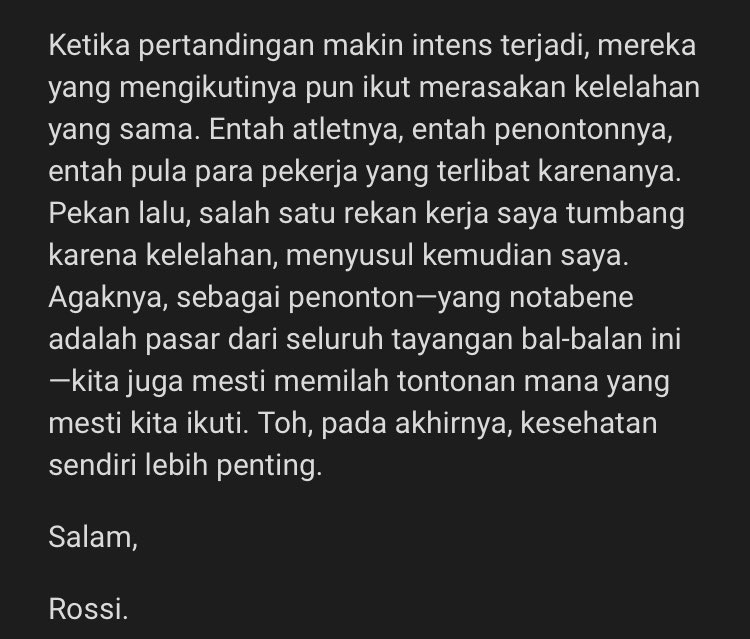 insanridho's tweet photo. A gentle reminder that health is supposed to be the paramount priority of football as sports. What a warm opening of Short Story @theflankerID today by @Rossifinza. https://t.co/7HOjDMuiql
