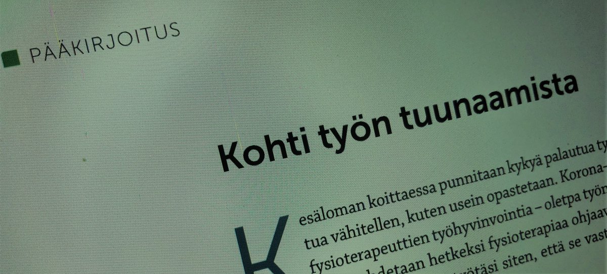 Työn tuunaaminen on mahdollista ammatista riippumatta. Tavoite on pohtia työtä kuormittavia ja kannattelevia tekijöitä sekä tasapainottaa niitä. <a href="/PiiaSeppa/">Piia Seppälä</a> <a href="/tyoterveys/">Työterveyslaitos</a> <a href="/MarionKarppi/">Marion Karppi</a> @uhyrkkan <a href="/fysioterapeutit/">Fysioterapeutit</a> #Fysioterapia ilm. vko 25. Esimakua tästä: suomenfysioterapeutit.fi/paakirjoitus