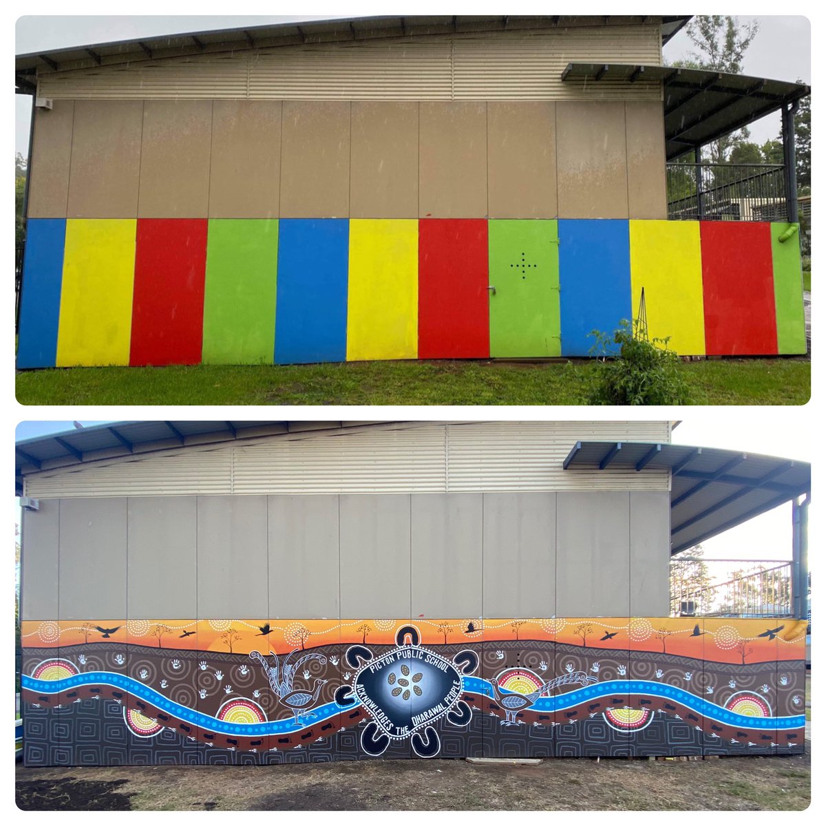 MFardon's tweet photo. Before and after shots of Picton Public School mural. https://t.co/kJ3lGXdQol