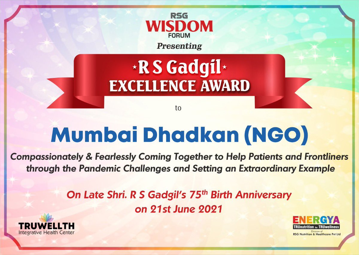 MumbaiDhadkan's tweet photo. Elated and grateful to receive this prestigious R S Gadgil excellence award for work done since beginning of the pandemic. Proves that #anyonecanhelp and #teamwork rules #covidrelief @mygovindia @mybmc @mindtemple3 @anjali_damania @CharutaMandke https://t.co/8zvgryvYZF