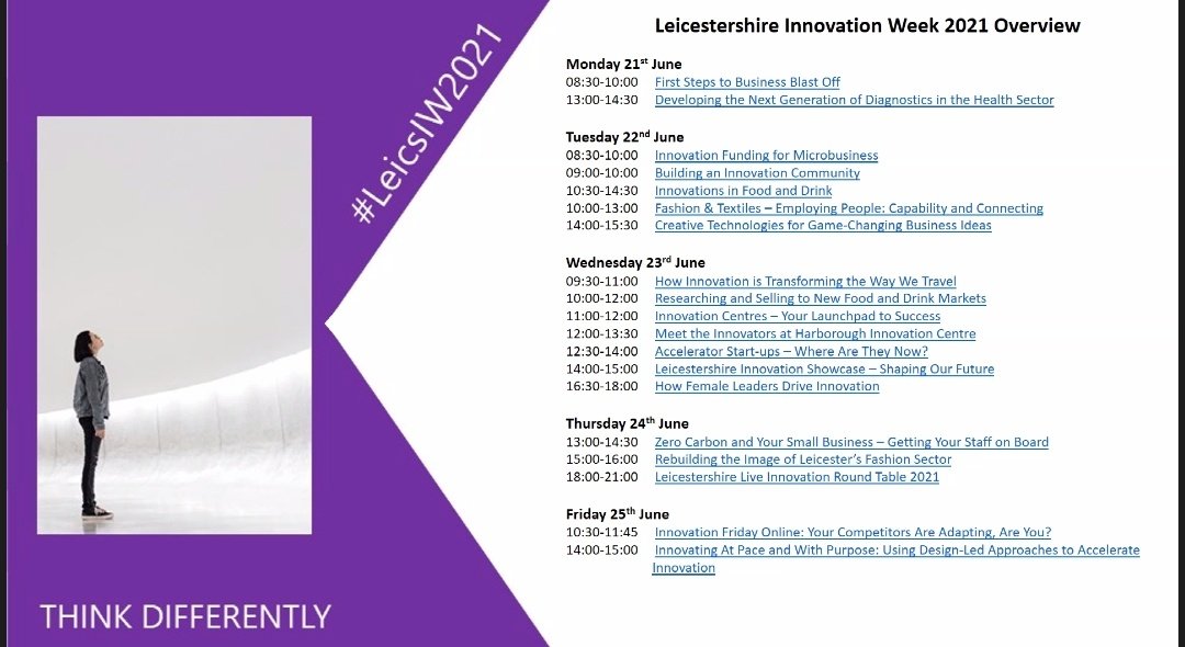 Leicester Innovation Week is here! #LeicsIW2021

5 days of events with discussions on space, food, fashion, the environment, community, health and more!

Here's what the week looks like 👇