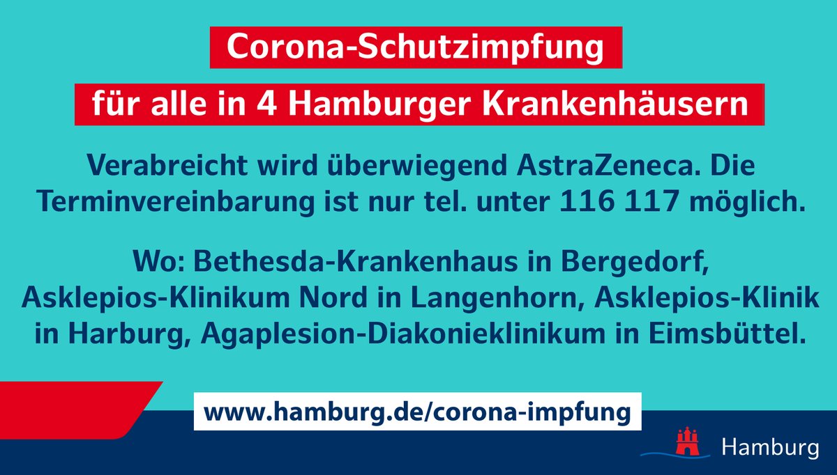 Gesundheit_HH's tweet photo. Ab sofort bieten vier Hamburger Krankenhäuser Corona-Schutzimpfungen ohne Priorisierung an. #CoronaHH https://t.co/n8qJb1kHyK