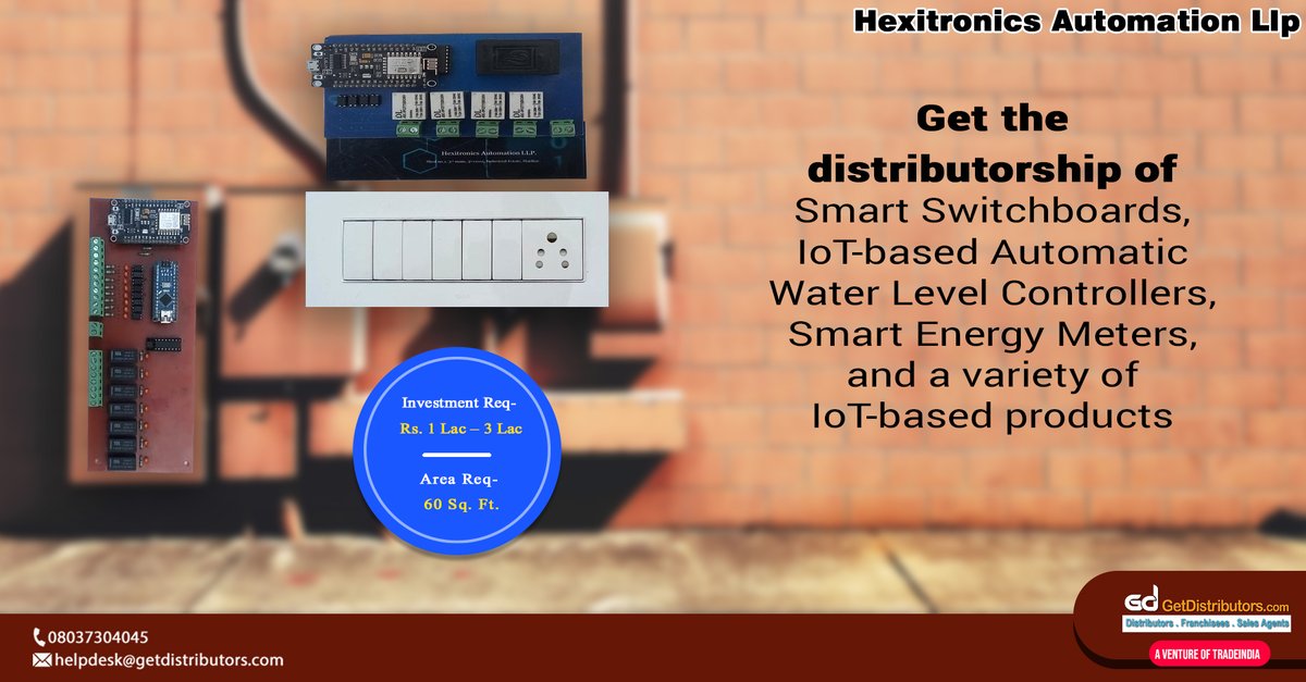 Get the #distributorship of Smart Switchboards, IoT-based Automatic Water Level Controllers, Smart Energy Meters, etc. Interested people can share their contact details to grab this #BusinessOpportunity.

#switchboards #energymeters #smartswitchboards #waterlevelcontrollers