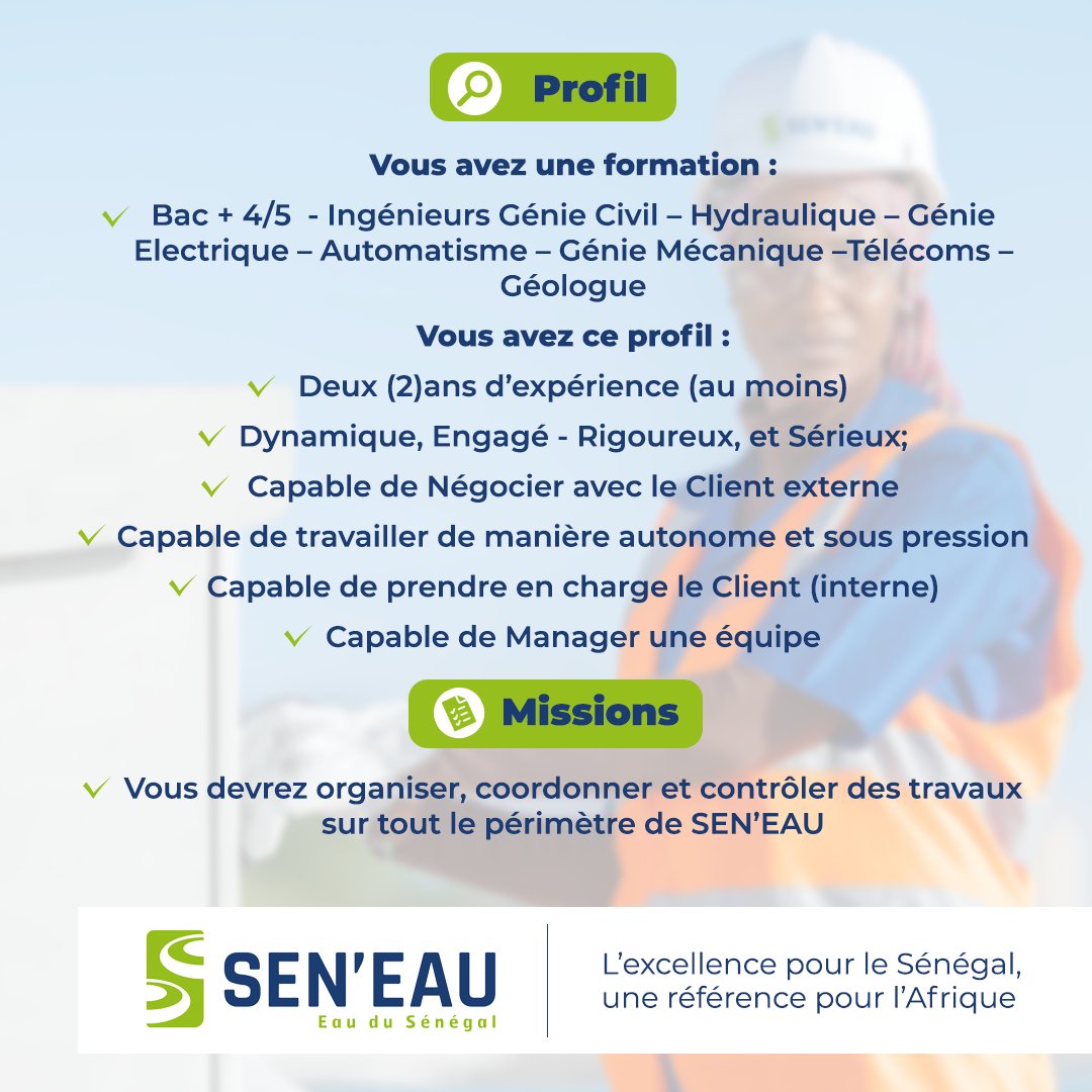 [Recrutement]
Nous sommes à la recherche de géologues, d'ingénieurs en génie civil, en hydraulique, en génie électrique, en télécommunications, en génie mécanique et en automatisme. 
Envoyez votre candidature à carrieres@seneau.sn