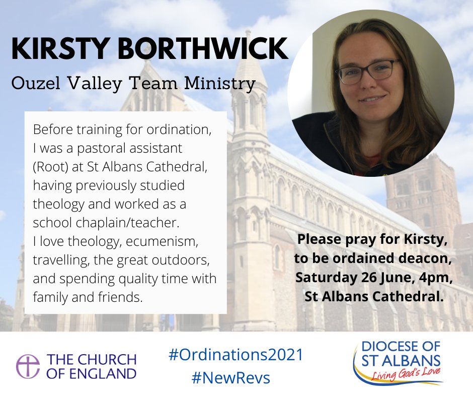 diostalbans's tweet image. This afternoon we pray for Kirsty Borthwick who will be ordained deacon on Saturday #Ordinations2021 #NewRevs 🙏