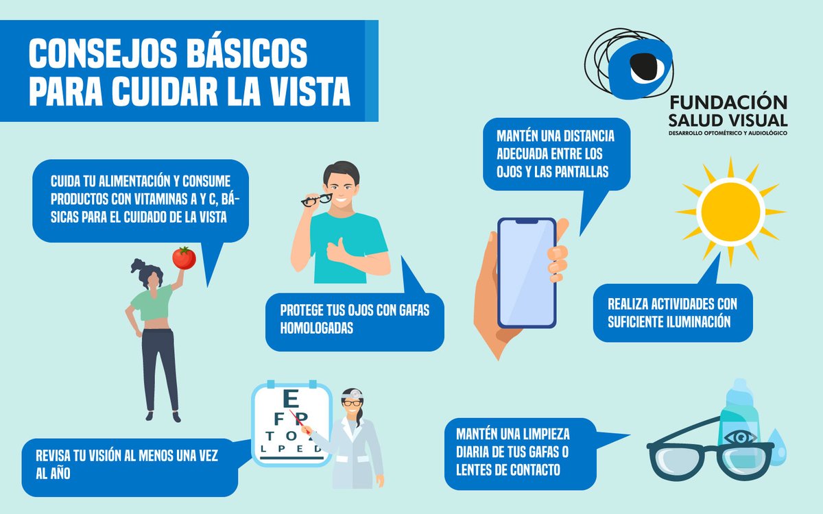 funsavi's tweet photo. 📘 ¿Quieres saber cómo cuidar de manera correcta tu vista? En esta infografía te ofrecemos varios consejos y hábitos que puedes llevar a cabo para prevenir futuros problemas visuales. 🤓✍️ https://t.co/ajSC6j5FNc