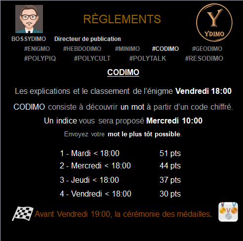 cityzenwalking's tweet image. #HEBDODIMO SEM25-ANIMAUX

❓ Je suis un animal herbivore

🕘 Envoyez vos mots  à @cityzenwalking  

🎁 Indice 1 – MAR 12:00

-----------

#CODIMO BONUS

🔐 80-105-116-111-110-110-101-114

 🔎 ...

🕘 Envoyez vos mots à @NUMIMO1 
 
🎁 Indice CODE – MER 10:00

 🏁STOP VEN 18:00