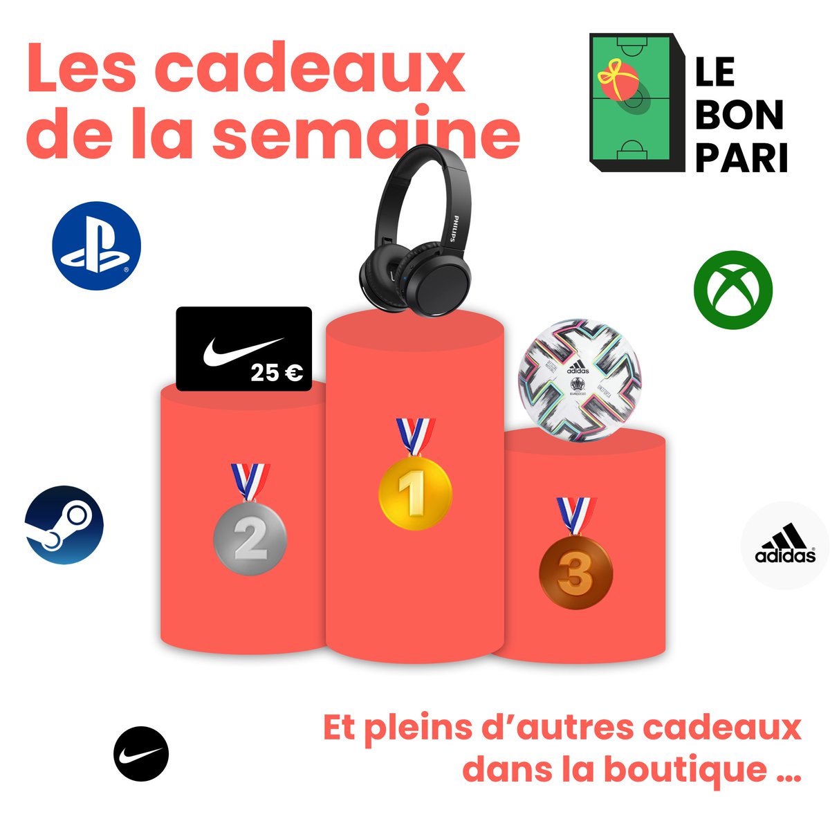 LeBonPari_Fr's tweet photo. 🥇 Les cadeaux de la semaine 🥇
#1 Casque Philips
#2 Carte cadeau Nile de 25€
#3 Ballon officiel de l'#EURO2020
À vos pronos !! https://t.co/fOSfB8MND3