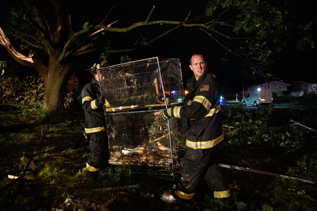 Firefighters recover four birds in a cage from a home that was heavily damaged after a tornado passed through the area in the early hours of Monday June 21, in Woodridge, Ill.