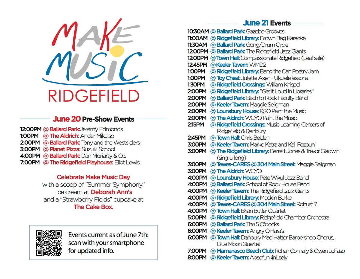 CTWeekender's tweet image. Need some more 🎶 in your life? @artsnridgefield has you covered! Check out the schedule of events for  “Make Music Ridgefield” below. Happening today across many different venues in town! 👇🎤🎸🥁🎹🎺