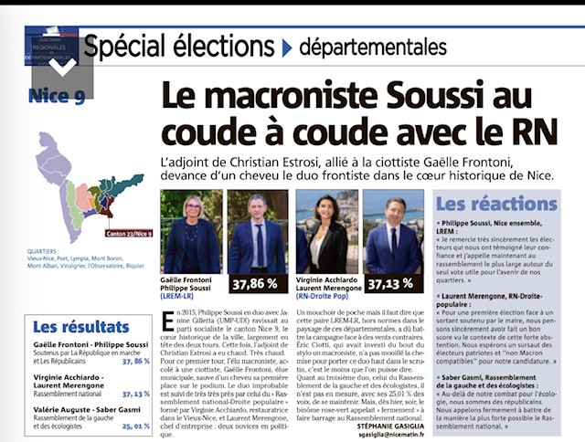 LMerengone's tweet photo. A l'issu du 1er tour, notre binôme est au coude à coude face à notre adversaire LR-EM dans le #Nicecanton9. Nous remercions nos électeurs pour ce score à plus de 37 % contre un candidat macroniste sortant soutenu par @cestrosi ! Mobilisez vous le 27/06 @Droite_Pop @RNational_off https://t.co/uArL4zMj1v