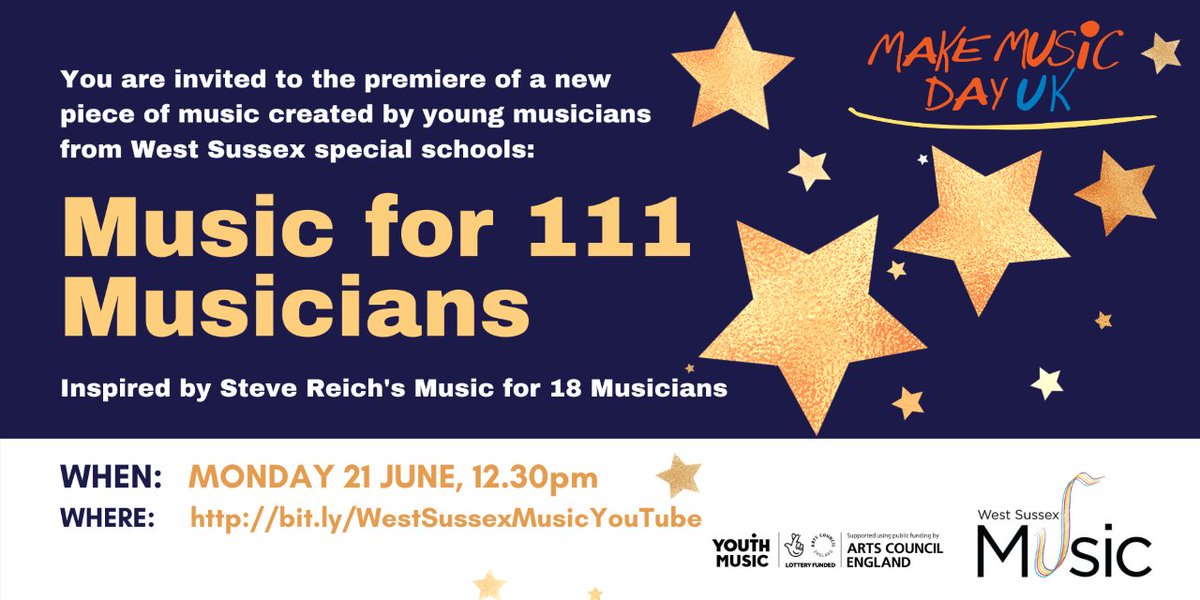 It's the premiere of 'Music for 111 Musicians'! Over 100 young musicians from 11 West Sussex special schools have created this new piece of music for #MakeMusicDay. It's inspired by Steve Reich’s Music for 18 #Musicians, part of #BBCTenPieces initiative.
youtu.be/Yyn898kED18