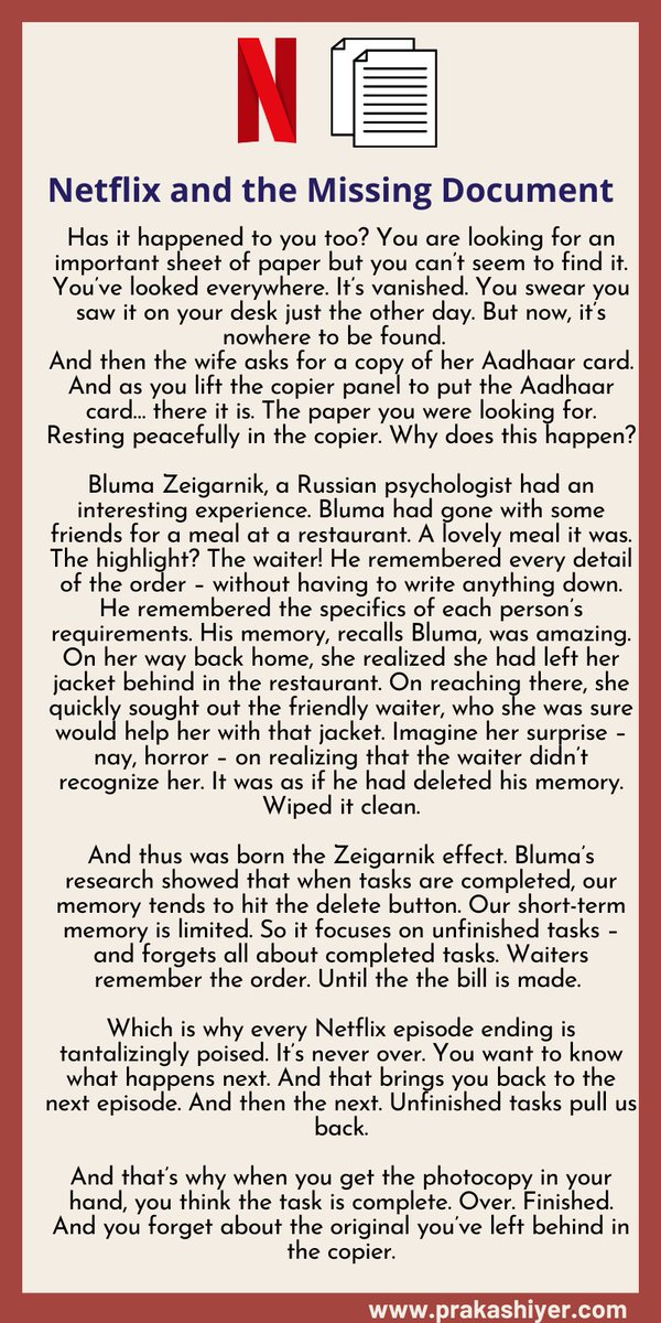 prakashiyer's tweet photo. What’s common to Netflix, missing documents and waiters in restaurants?

Thanks to a Russian psychologist - Bluma Zeigarnik, I learned that there might just be a connection.

It’s a connect that we can use to be more effective - and get more done. Read on. https://t.co/E5L6grpdmY
