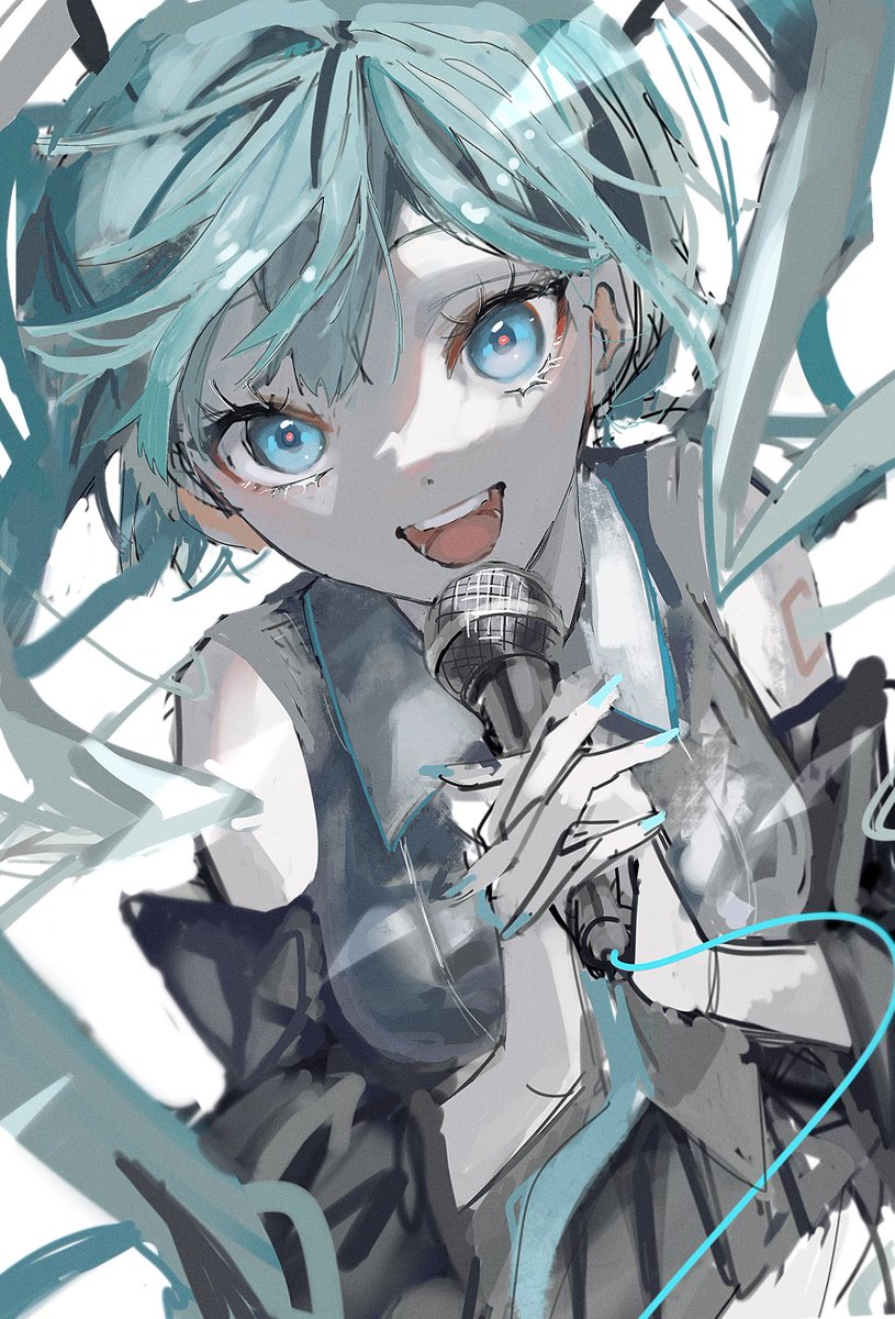 hatsune miku 1girl solo microphone twintails long hair open mouth detached sleeves  illustration images