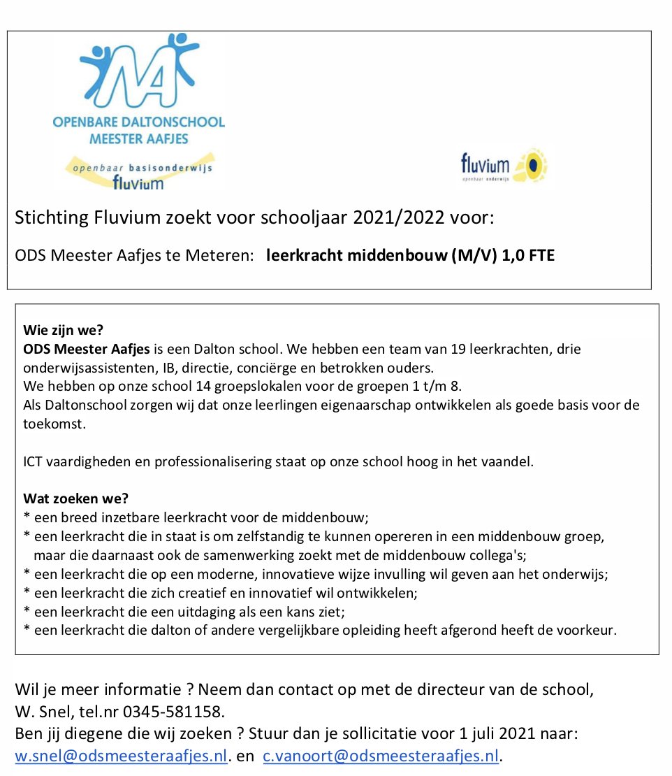 Voor de Meester Aafjes school in Meteren - openbare Daltonschool - zoeken we nog een full-time leerkracht voor de middenbouw. Wees welkom!