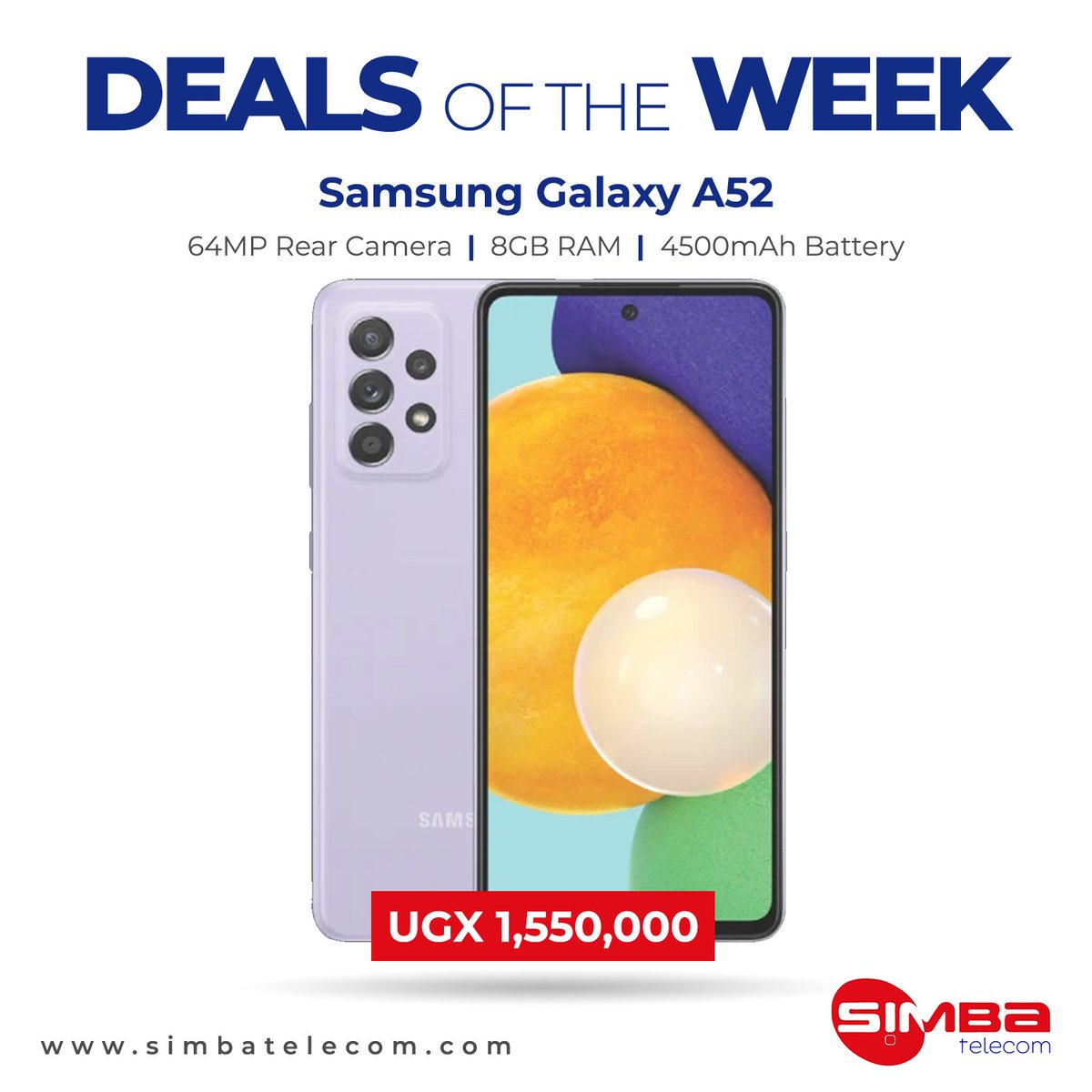 simbatelecom's tweet photo. #DealsOfTheWeek 

The #SamsungGalaxy A52 is a high-end smartphone with 6.5-inch Super AMOLED display and a 4500 mAh battery with 25W super-fast charging.

To order online, click here https://t.co/RGFs192jik

You can also DM to order 

#SimbaTelecom #BestPhoneDeals https://t.co/RQOcUelbqO