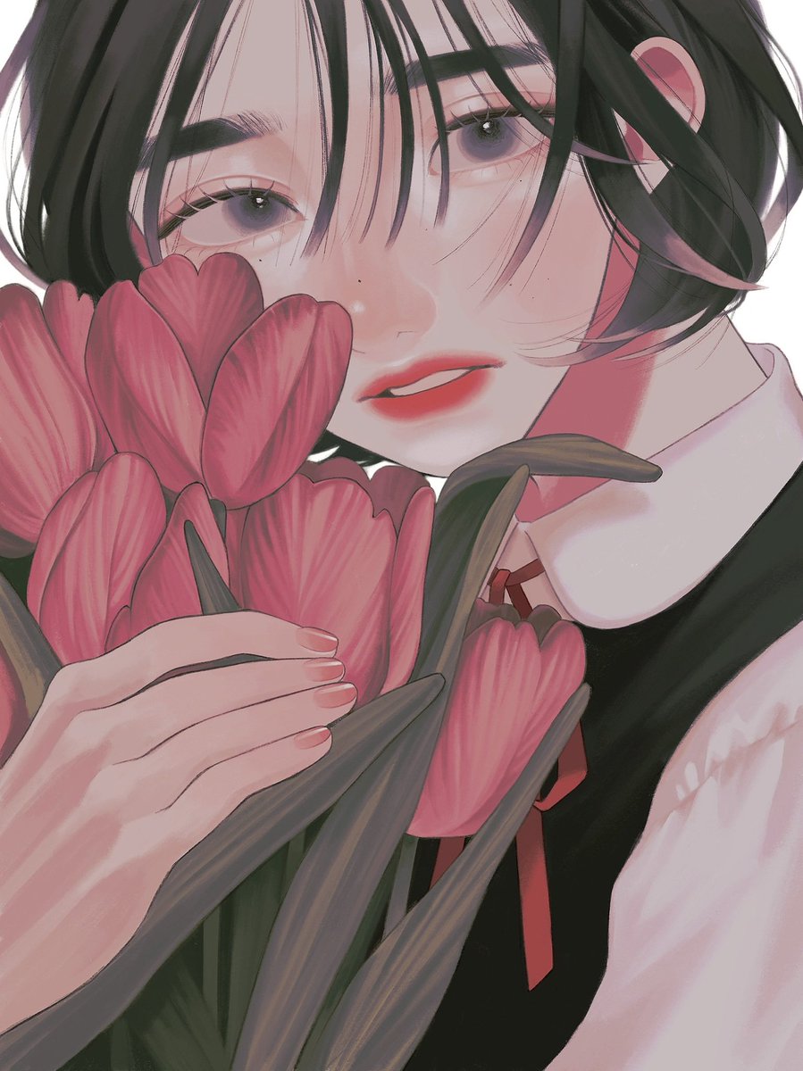 1girl solo flower black hair holding white background looking at viewer  illustration images