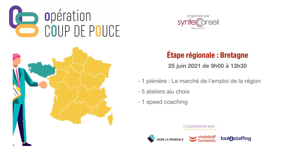 ConseilSyntec's tweet image. [RDV] Avant-dernière étape de l’ #OpérationCoupDePouce, destinée aux cadres séniors en recherche d’emploi, qui se tiendra en Bretagne le 25 juin prochain.

Détails &amp;amp; inscription 👉bretagne.operation-coup-de-pouce.fr