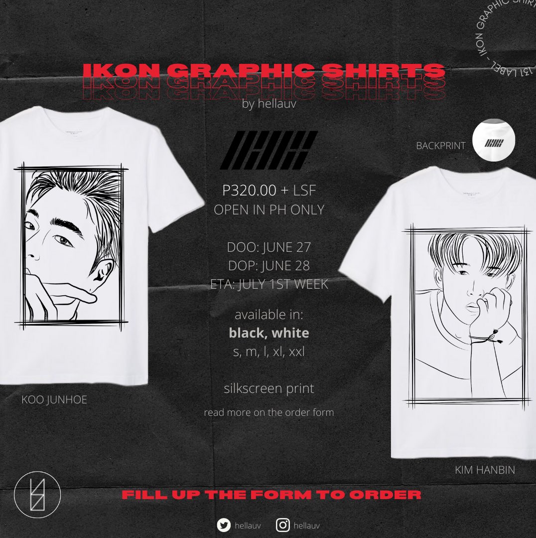 hellauv's tweet photo. B.I &amp; JUNHOE GRAPHIC SHIRT
by @hellauv ♡
 
⤿ 320PHP each + LSF
⤿ DOO: June 27
⤿ DOP: June 28
⤿ ETA: first week of July
⤿ order here: https://t.co/t9nfWsZ8Hy

note: need atleast 30 ORDERS per shirt in order to proceed 
#iKON @YG_iKONIC #KIMHANBIN #KOOJUNHOE https://t.co/HusFMnG6GU