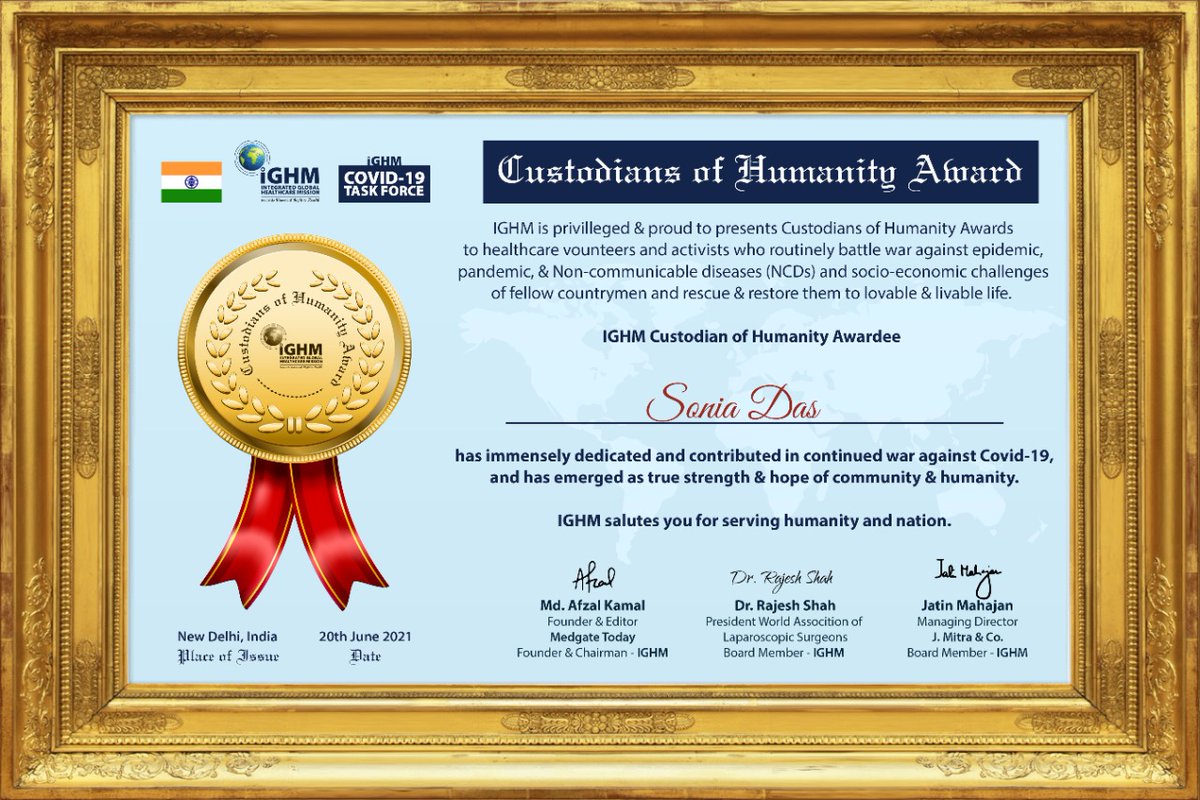 So humbled to received the certificate from #IGHM 'Custodians of Humanity Award.'

Humanity should be our race. Love should be our religion.

#humanity #soniaoutlier #fightagainstcovid19 #volunteer #compassion